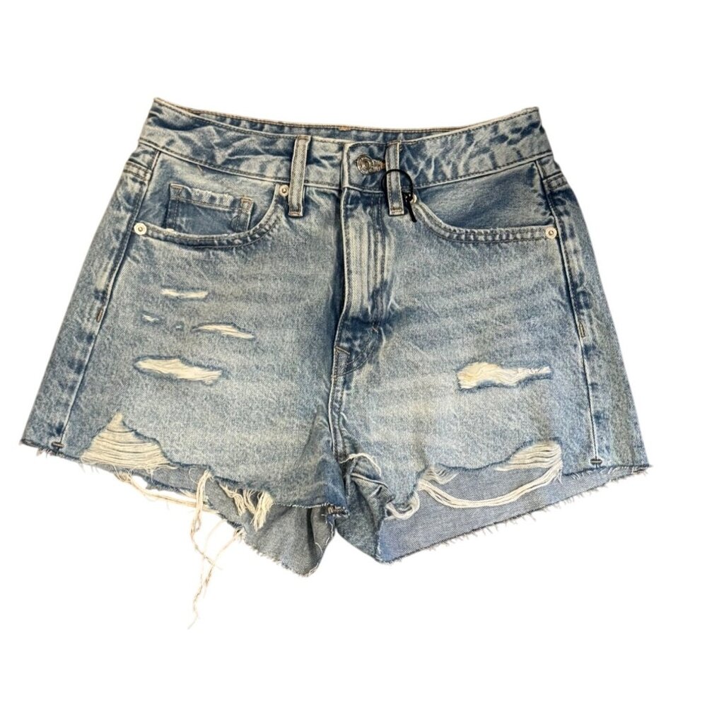 Forever 21 Retro High Rise Womens Denim Shorts Size 24 Distressed Light Blue Was